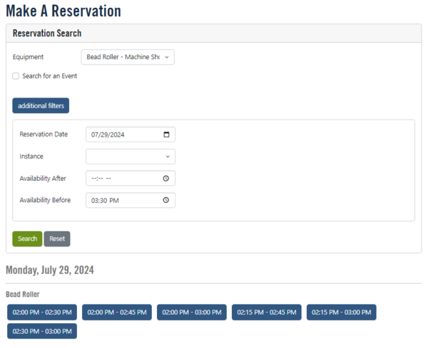 Reservation Summary, additional filters dialog.